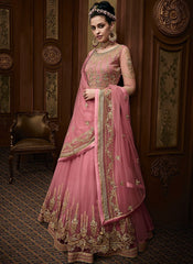 Pink Golden Embroidered Layered Anarkali Suit