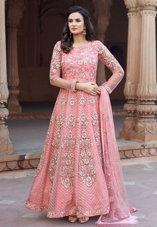 Peach Net Diamond Anarkali Suit Low Price 46 OFF