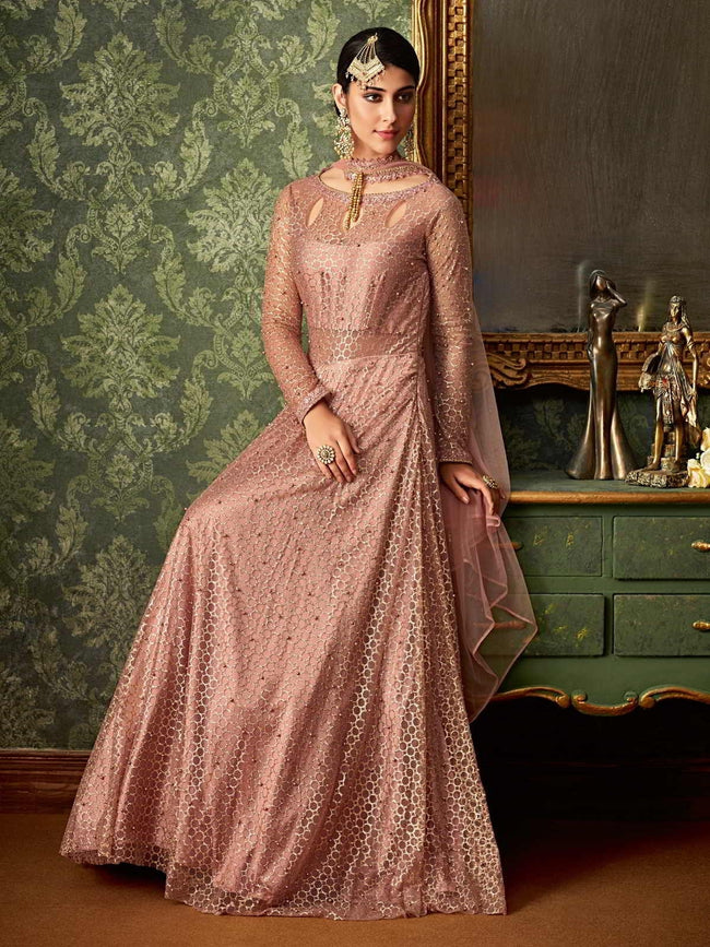 Pink Rose Gold Embroidered Anarkali Indo Western Suit