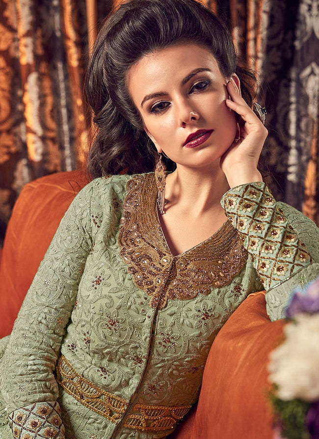 Pista Green With Golden Embroidered Lehenga/Pant Suit