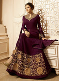 Plum With Gold Ghera Detail Embroidered Anarkali Pant Suit