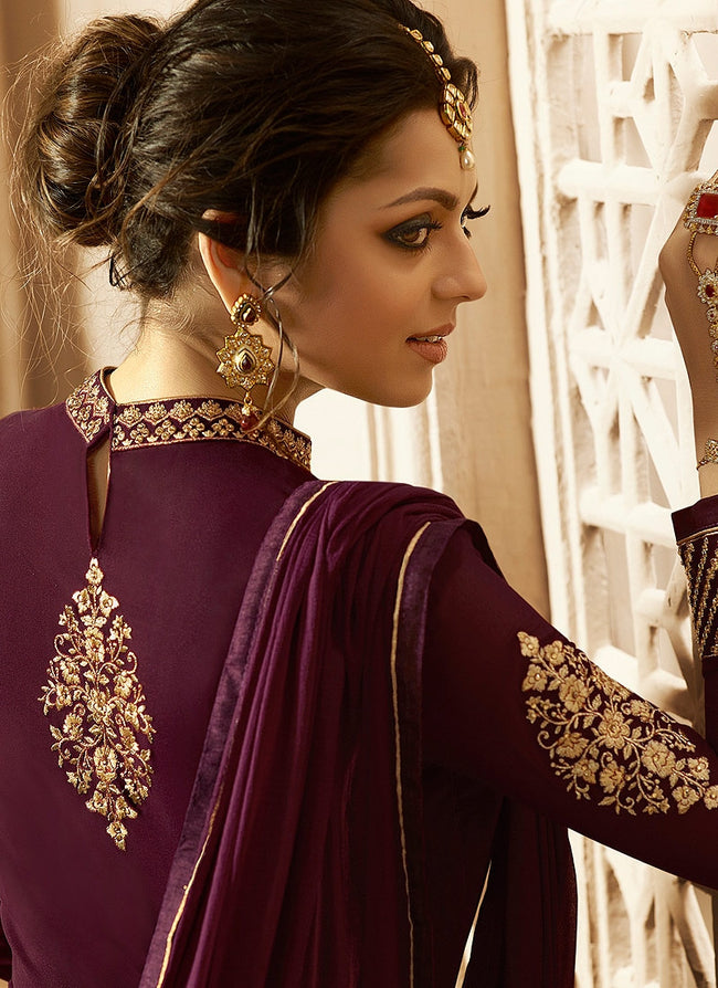 Plum With Gold Ghera Detail Embroidered Anarkali Pant Suit