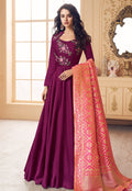 Purple And Peach Embroidered Satin Anarkali Suit
