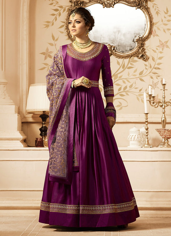 Purple With Gold Ethnic Embroidered Flared Anarkali Suit