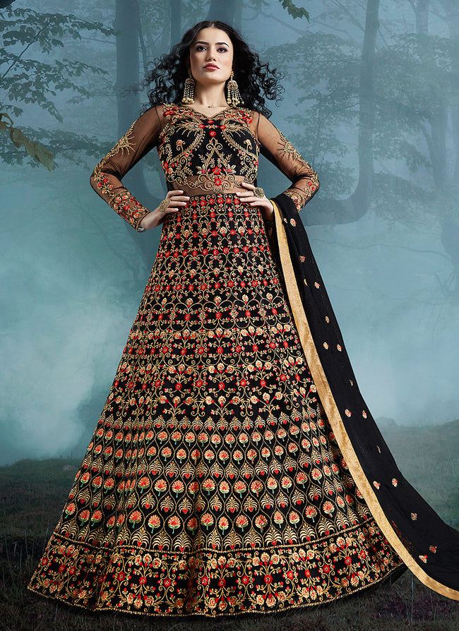 Buy Indian Black Wedding Lehenga Style Anarkali Suit for Women Online ...