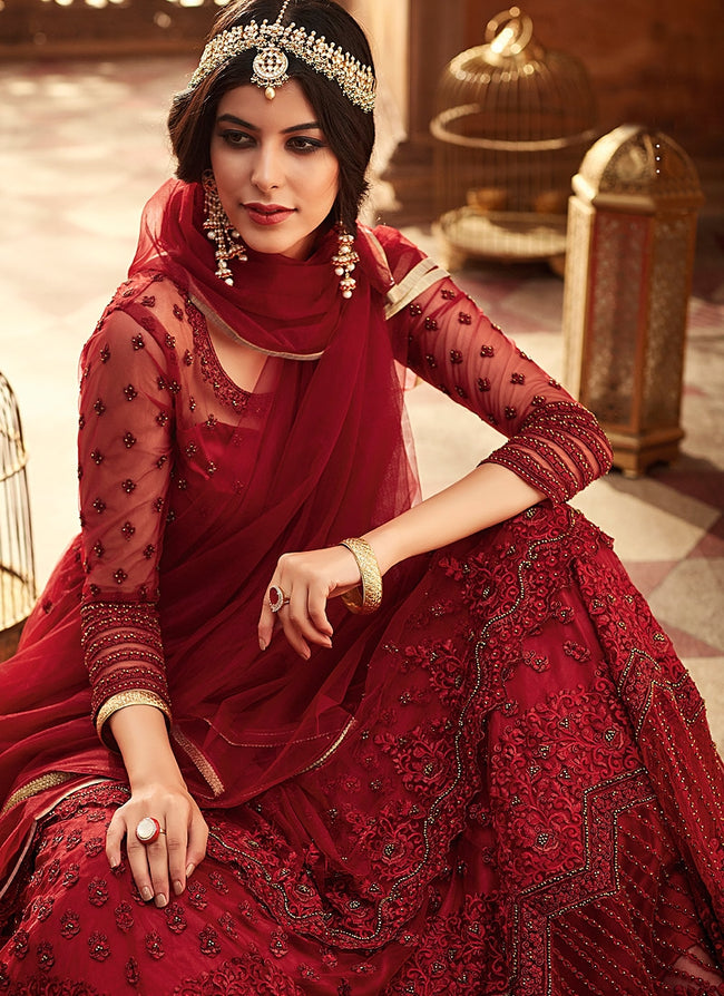 Red All Layered Embroidered Net Anarkali Suit