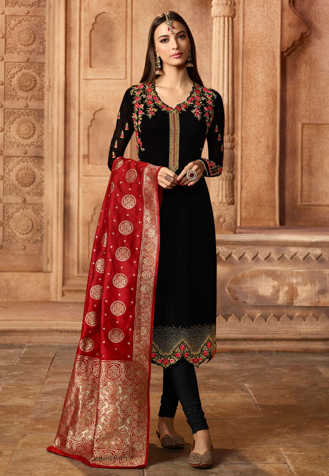 Black And Red Embroidered Satin Churidar Suit