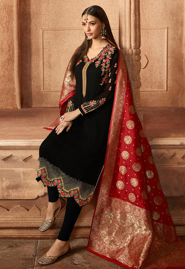 Black And Red Embroidered Satin Churidar Suit