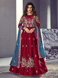 Red And Blue Ethnic Embroidered Silk Anarkali Suit