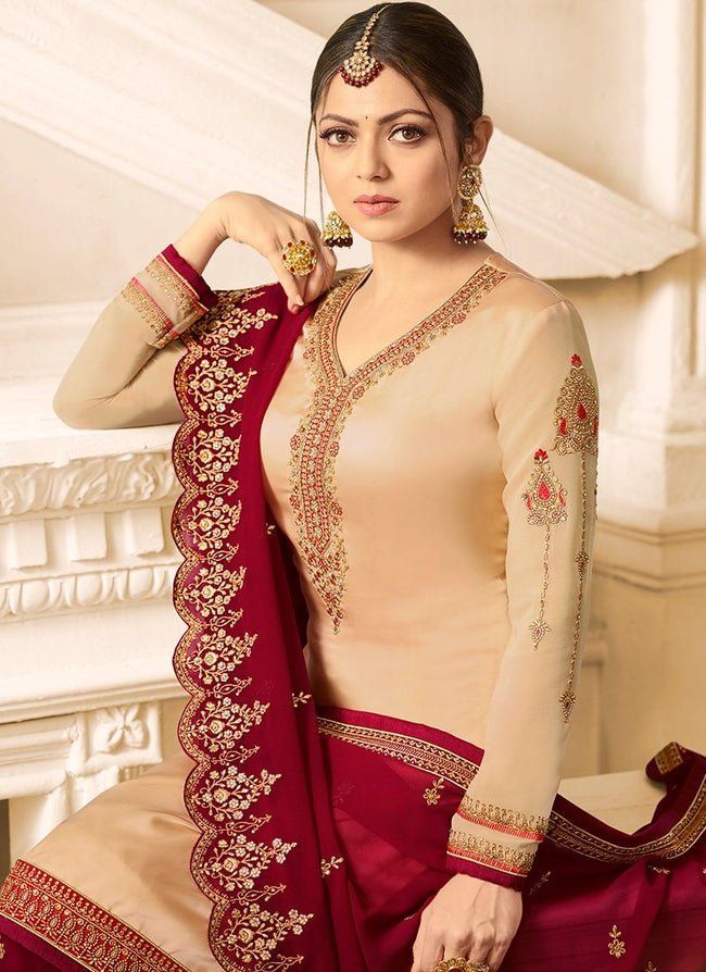 Red And Cream Embroidered Designer Gharara Palazzo Suit