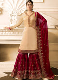 Red And Cream Embroidered Designer Gharara Palazzo Suit