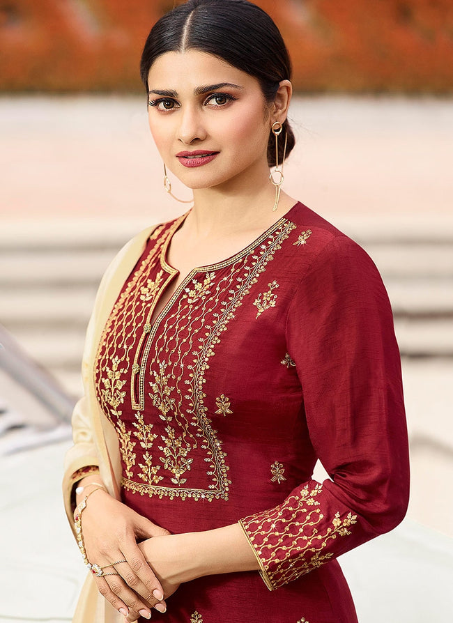 Red And Cream Embroidered Pakistani Pant Suit