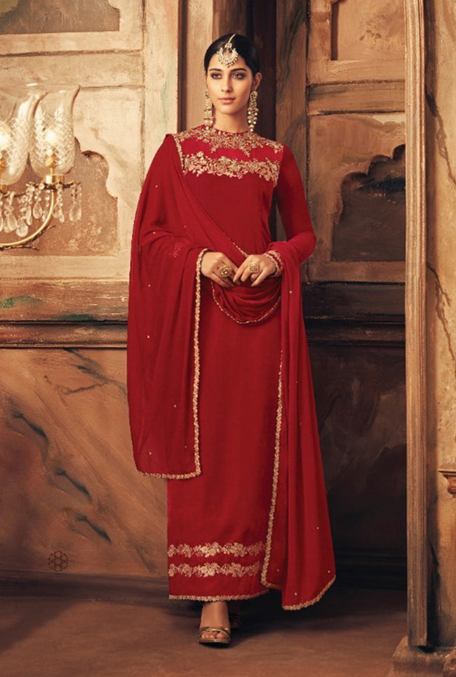 Red And Gold Traditional Embroidered Pant Suit