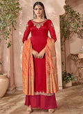 Red And Orange Combination Embroidered Palazzo Suit