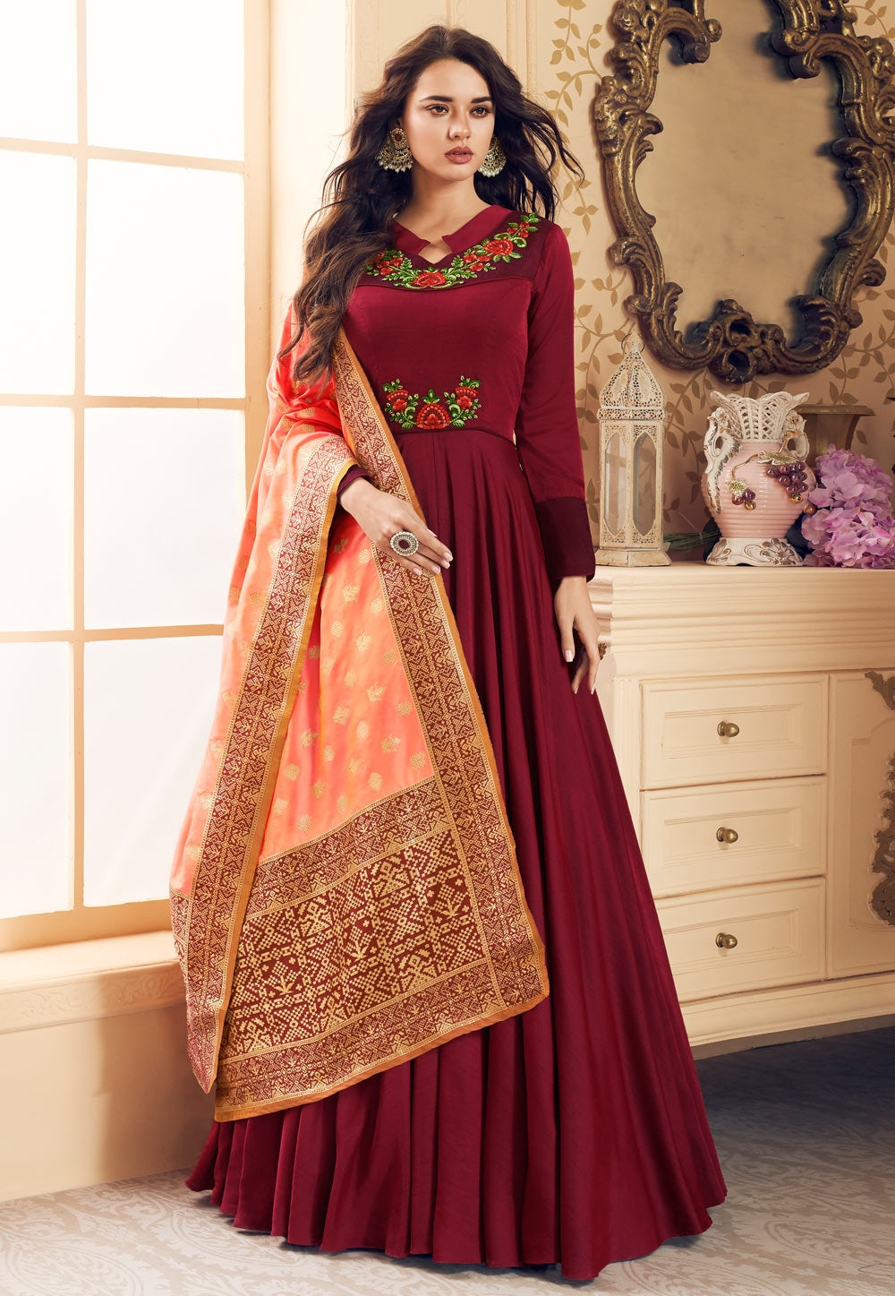 Red And Peach Embroidered Satin Anarkali Suit