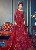 Red Bridal Minimalist Embroidered Flared Anarkali Suit