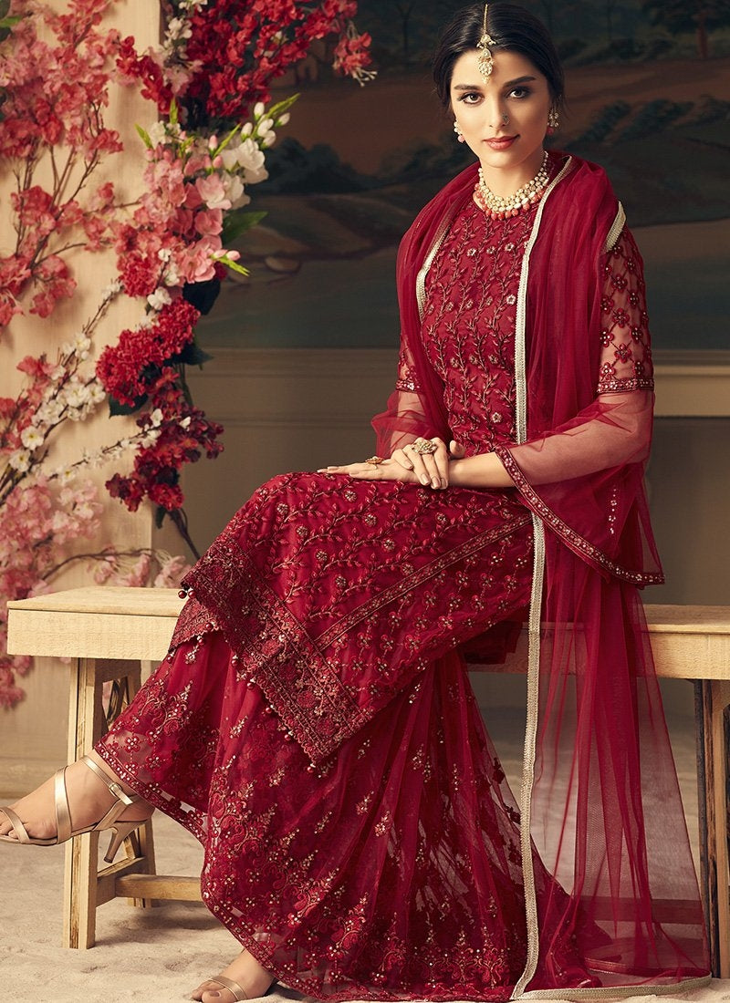 Red Bridal Multi Embroidered Flared Sharara Suit Hatkay