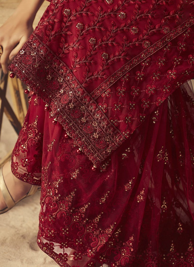 Attractive Women's Wear Red Color Heavy Cording & Stone Work Anarkali Suit