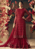 Red Bridal Multi Embroidered Flared Sharara Suit