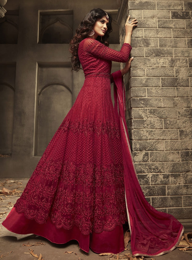 pink satin silk gown style anarkali suit 3075