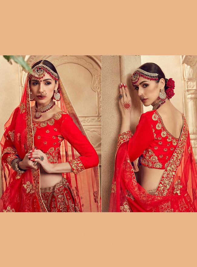 Red Bridal Velvet Embroidered Lehenga Choli
