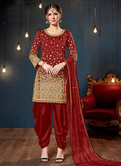 Red Embroidered Traditional Patiala Suit