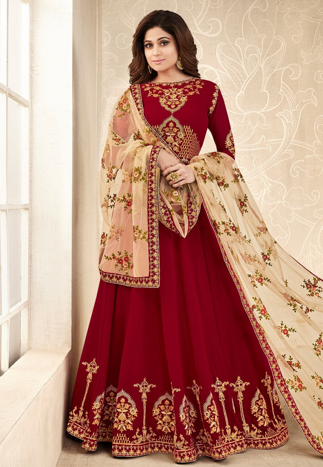 Red Golden Embroidered Georgette Anarkali Suit