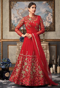 Red Overall Embroidered Flared Anarkali Gown Set