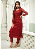 Red Pakistani Embroidered Pant Suit