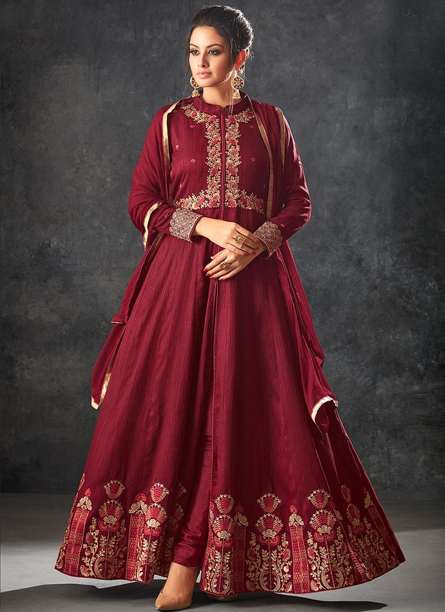 Red Rouge With Minimalist Embroidered Slit Anarkali Suit