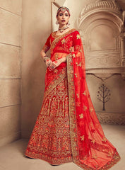 Red Overall Velvet Embroidered Lehenga Choli