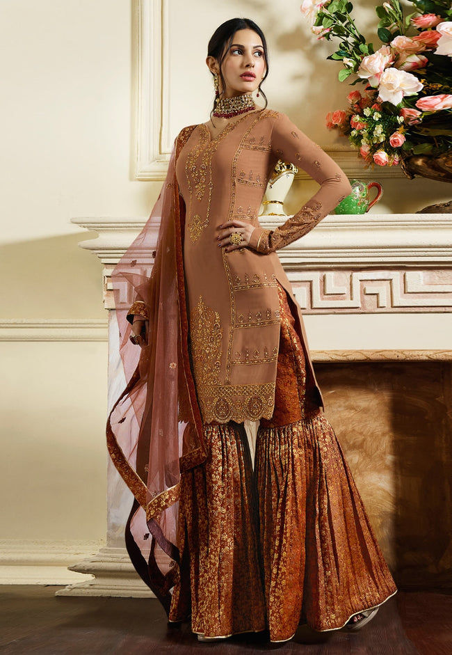 Rustic Orange Traditional Embroidered Gharara Suit