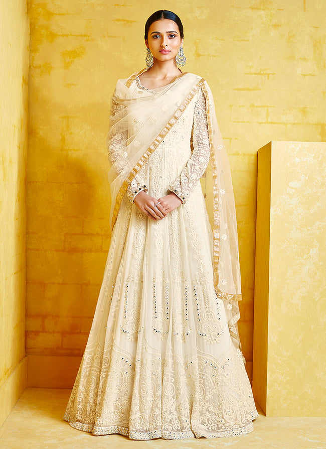 Indian Clothes - Off White Floral Embroidered Party Wear Anarkali Suit