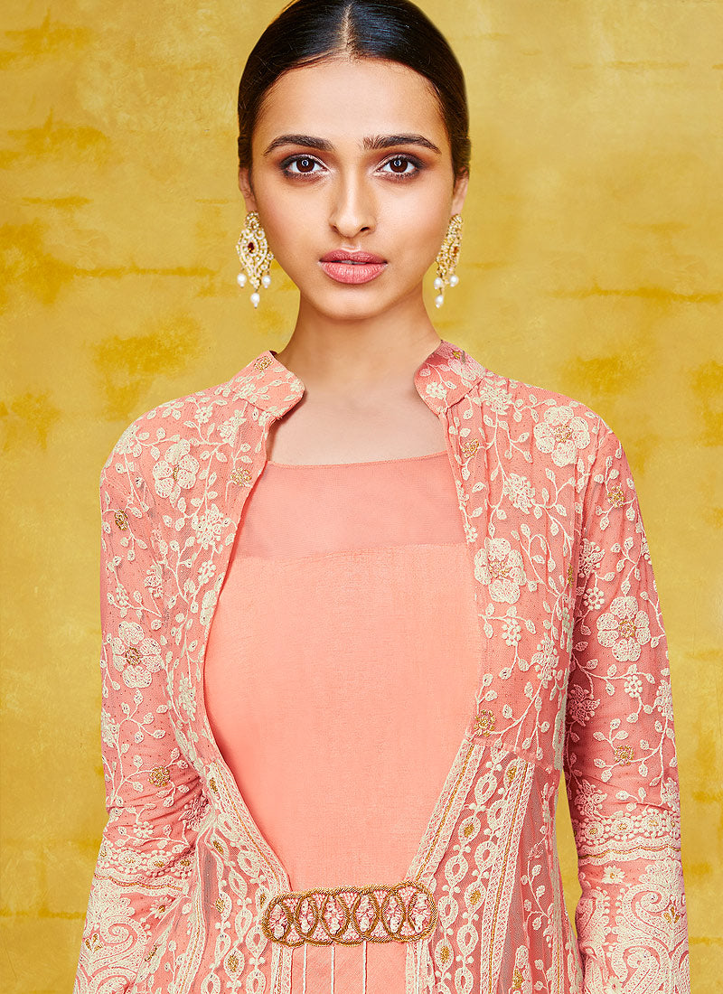 Peach Chikankari Embroidered Jacket Style Anarkali Suit, Salwar Kameez