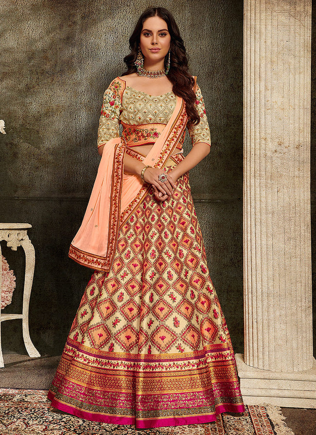 Indian Clothes - Orange And Beige Embroidered Wedding Lehenga/ Gown