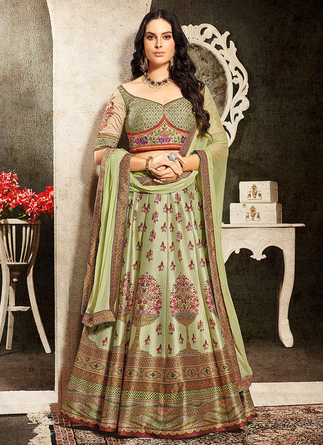 Indian Clothes - Green Multi Embroidered Wedding Lehenga/ Gown