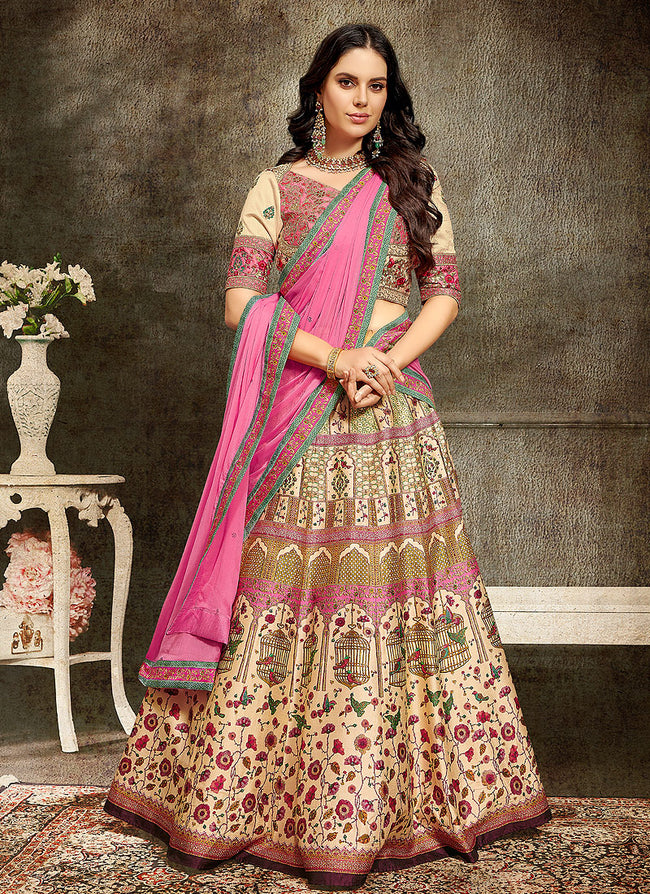Indian Clothes - Pink Beige Embroidered Wedding Lehenga/ Gown
