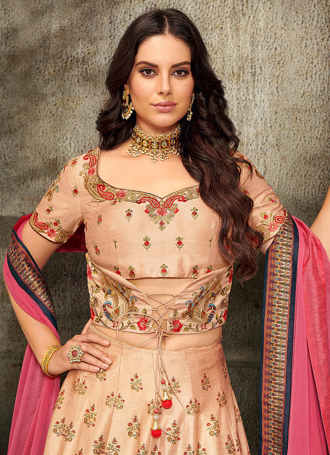 Peach And Pink Embroidered Wedding Lehenga/ Gown