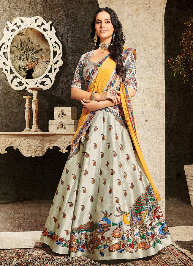 Indian Clothes - Off White And Yellow Embroidered Wedding Lehenga/ Gown