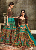 Turquoise And Brown Embroidered Wedding Lehenga/ Gown