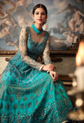 Sea Blue Embroidered Flared Anarkali Gown Set