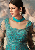 Sea Blue Embroidered Flared Anarkali Gown Set