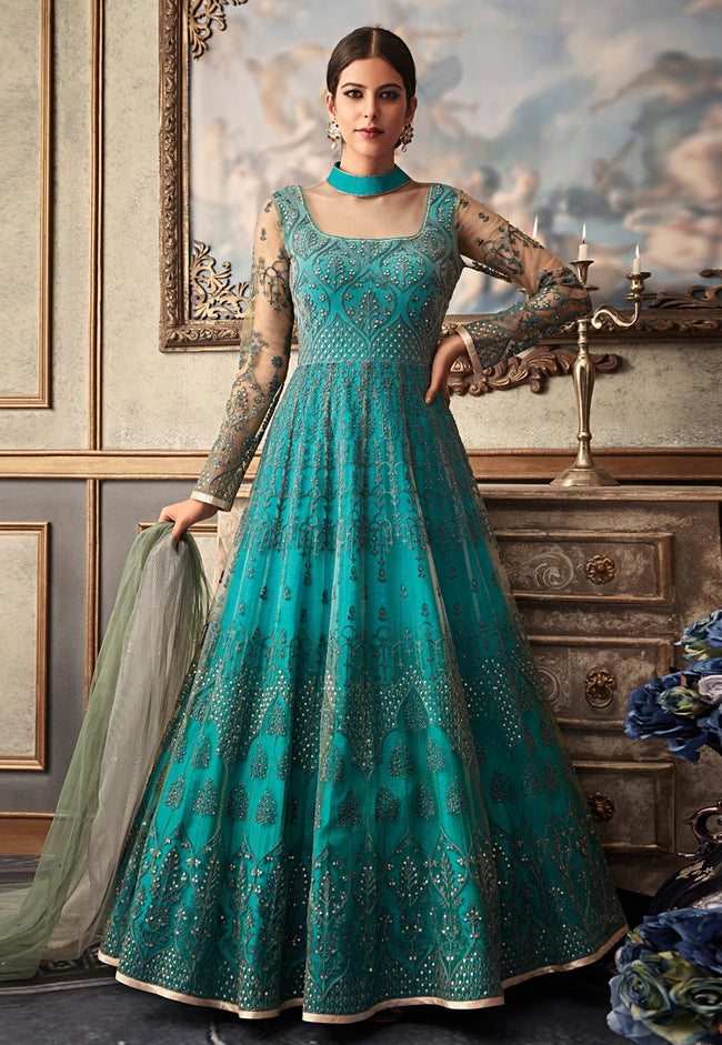 Sea Blue Embroidered Flared Anarkali Gown Set Hatkay