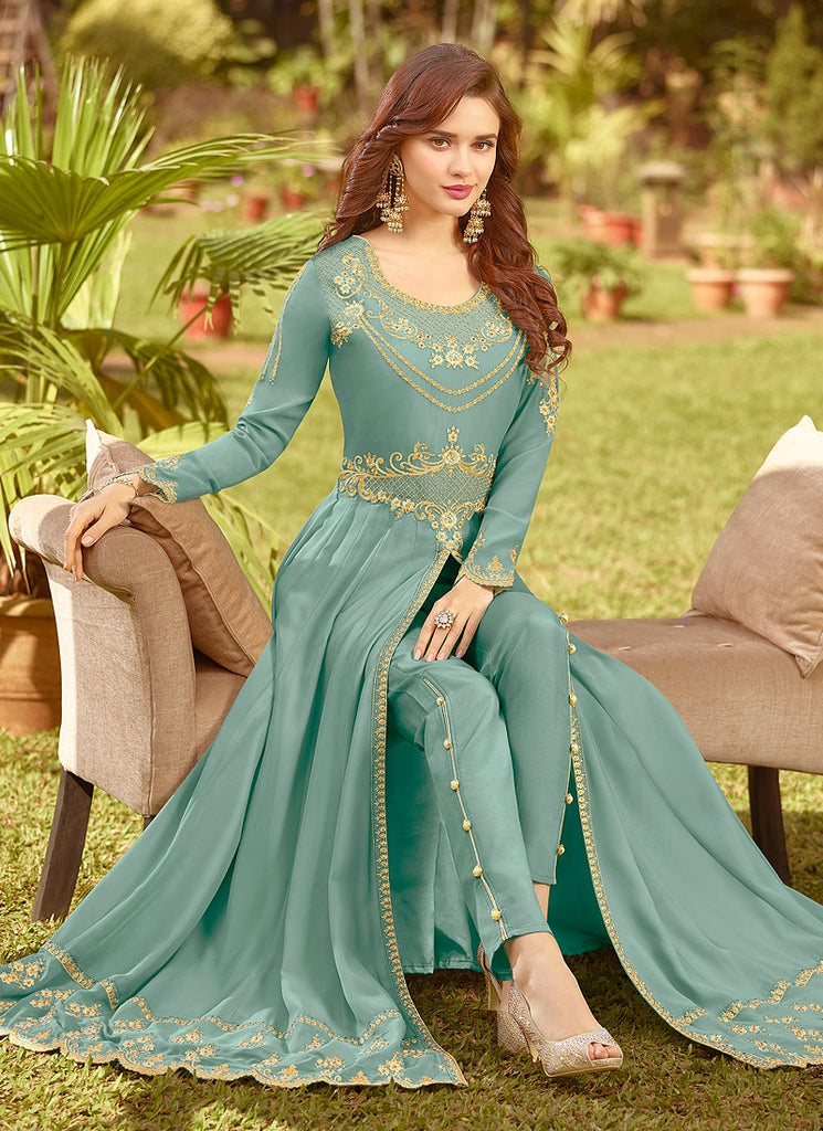 Sea Blue Golden Embroidered Slit Style Anarkali Suit