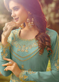 Sea Blue Golden Embroidered Slit Style Anarkali Suit