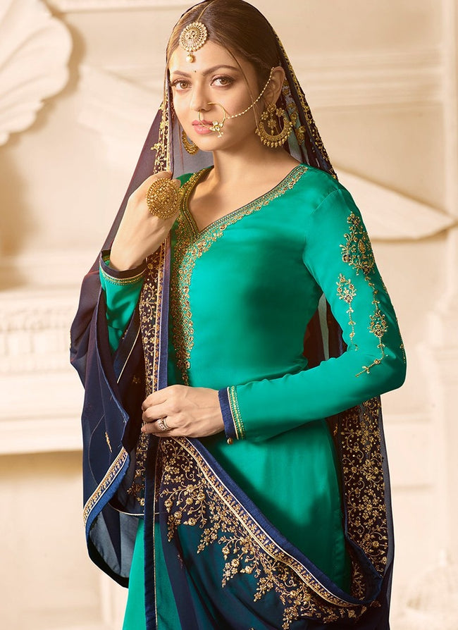 Sea Blue With Navy Contrast Designer Gharara Palazzo Suit