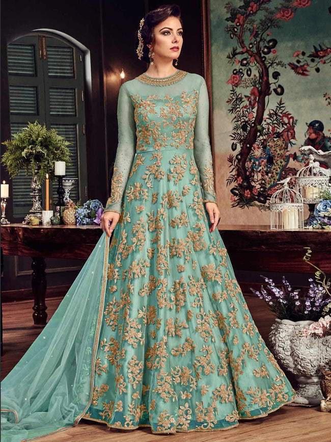 Sea Green Princess With All Gold Embroidered Flared Anarkali Suit