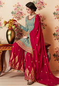 Sea Green And Red Embroidered Gharara Palazzo Suit