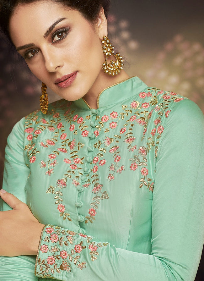 Sea Green Double Layered Embroidered Anarkali Suit