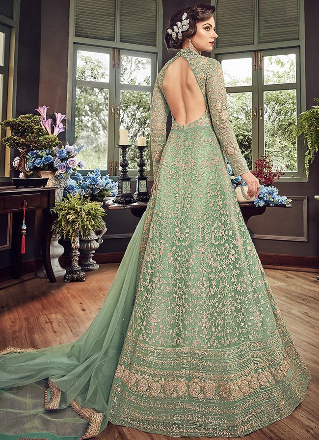 Sea Green Royal Embroidered Backless Anarkali Suit